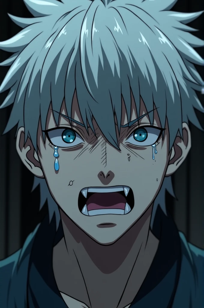 Anime - a stylistic image of a man with white hair and red eyes, he has dark grey hairs, gapmoe yandere grimdark, gapmoe yandere, portrait gapmoe yandere grimdark, kaneki ken, giga chad crying, handsome guy in demon killer art, trigger anime artstyle, kaneki ken, Anime handsome man, a silver haired mad