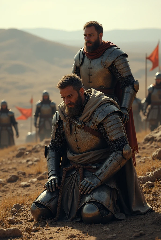 Illustrate the moment of defeat with Roman soldiers laying down their arms and surrendering to the victorious barbarians, fair and smooth skin, detailed hands, detailed fingers, masterpiece, cinematic lighting, physically based rendering, lens flare, award winning rendering, perfect rendering detail, 8K, realism, detailed background, everything in detail, cinematic shot, dynamic lighting, 75mm, Technicolor, Panavision, cinemascope, fine details, 8k, HDR, realism, realistic, key visual, film still, superb cinematic color grading, depth of field,