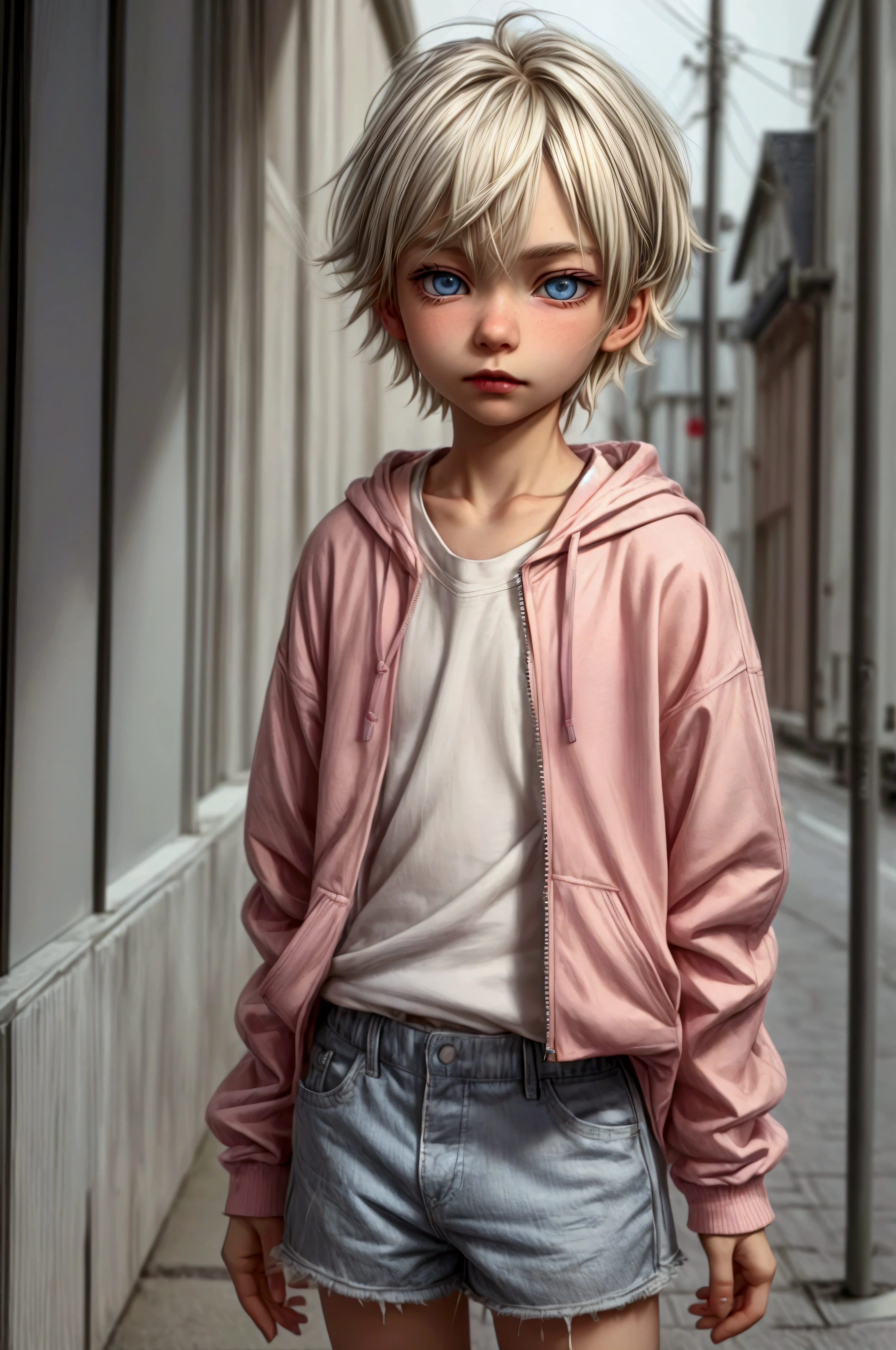 Anime style, Highres, Masterpiece, Best quality at best, Best Quality, hight quality, hight detailed, 1boy, (**********), boy, blonde boy, blond Hair, perfect boy body, cute boy, detailed light blue eyes, detailed eyes, short hair, messy hair, pastel rainbow inner hair color mesh, Neutral Facial Features, boy flirty posing, wears a open zipper pink hoodie, silver necklace with a pastel pink heart, boy chest, detailed too very short mini blue jean skirt, beautiful long legs, rainy afternoon on the street, highest quality,