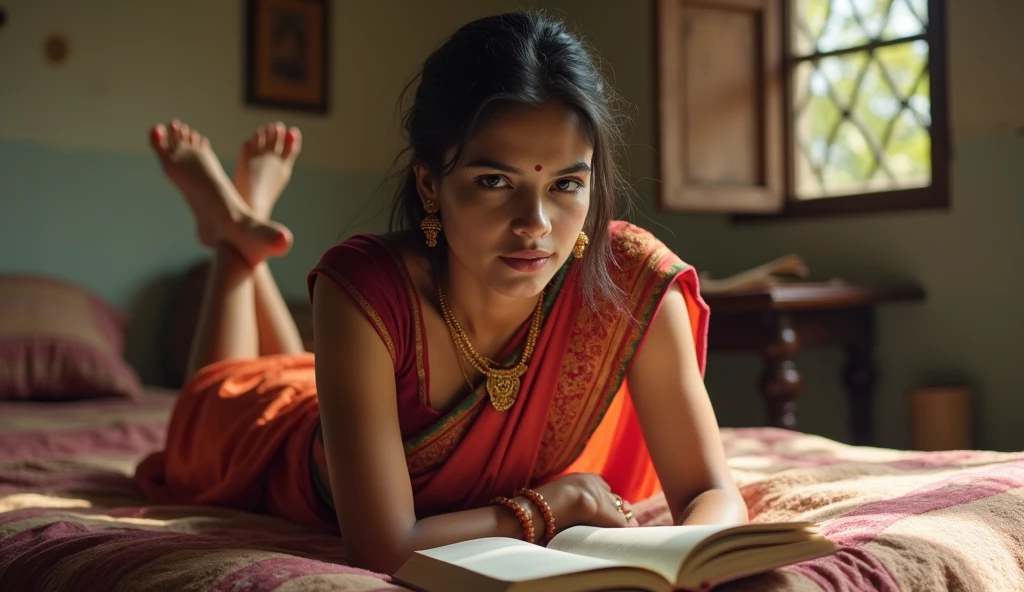 Indian Girl age 28 weight 55 sleeping on a bed wearing a saree looking her some clueless having a little big boobs & reading a book in a old Indian house sleeping stomach down on bed with her legs up shaking her leg wearing a payal