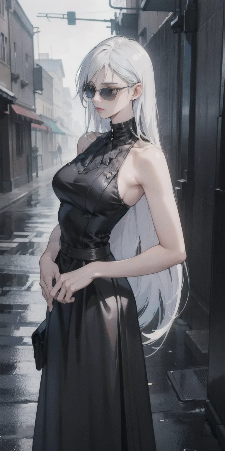 Setting: Atmospheric Street Background (Think bustling city street at night with neon lights and rain, a foggy alleyway, or a deserted highway at dusk) - Choose the specific atmosphere you desire. Character: Appearance: Ultra Quality - High level of detail and realism Shiny Skin - Glowing and healthy Long White Hair - Flowing down the back Narrowed Black Eyes - Focused and intense expression (sharp or piercing) Attire: Long Black Dress - Elegant and flowing Pose: Fingers Crossed - A gesture hinting at hope, nervousness, or even making a wish. Accessories: Sunglasses - Adding a touch of mystery or coolness (consider the style of sunglasses to match the overall mood) Additional Notes: Consider adding details about the character's posture (standing tall, leaning against a wall, etc.) to enhance the scene. The quality of the image is 8K or Cinematic