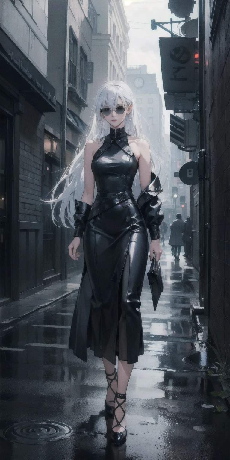 Setting: Atmospheric Street Background (Think bustling city street at night with neon lights and rain, a foggy alleyway, or a deserted highway at dusk) - Choose the specific atmosphere you desire. Character: Appearance: Ultra Quality - High level of detail and realism Shiny Skin - Glowing and healthy Long White Hair - Flowing down the back Narrowed Black Eyes - Focused and intense expression (sharp or piercing) Attire: Long Black Dress - Elegant and flowing Pose: Fingers Crossed - A gesture hinting at hope, nervousness, or even making a wish. Accessories: Sunglasses - Adding a touch of mystery or coolness (consider the style of sunglasses to match the overall mood) Additional Notes: Consider adding details about the character's posture (standing tall, leaning against a wall, etc.) to enhance the scene. The quality of the image is 8K or Cinematic