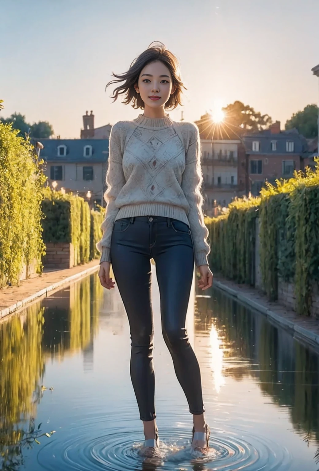 a beautiful landscape of a vast field with blooming flowers, stagnant water, damp earth, a young girl with short hair, wearing a blue angora sweater and loose black pants, happy expression, dark sky, sunset