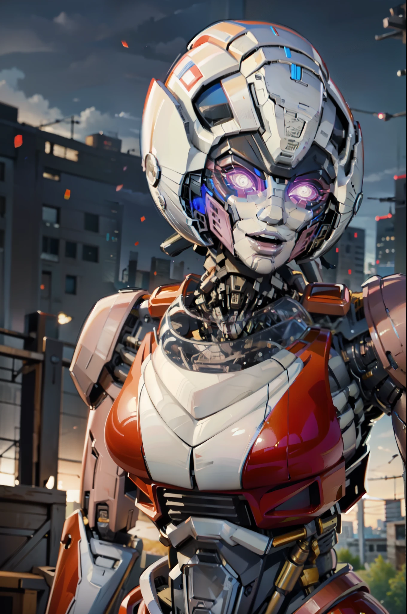 ROTB_Arcee, 1girl, big breasts, smile, robot, mecha, (glowing eyes:1.2), City Background,