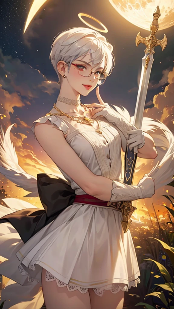 8k, masterpiece, best quality, highly detailed, 1 girl, tiefling, paladin, devil horns, pixie cut, multicolored hair, very short straight hair red highlight hair on white hair, strippled hair, wearing glasses, round glasses, earrings, red eyeshadow, long eyelashes, blushed cheek, red lips, pearl necklace, rings, collarbone, mole on face, glamorous, white and gold clothes, sleeveless, laced dress, miniskirt, smirk, close up view, rings, looking at viewer, solo, holding sword, sword point to the sky, starry sky, radiant gold moon, standing, golden halo, white lace gloves, heavenly scene, halo, holy palace in background.