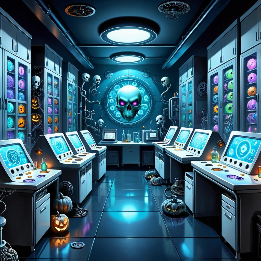 Comic Halloween Theme, Psychedelic Art, Gamer Core, A laboratory bench with many machines、Laboratory、 (Modern technology:1.1) , Unity Engine, Ridley Scott, Joseba Elorza, Concept Art, Jakub Rosalski, Halloween Style, Eerily surreal . Graphic Illustration, Comic art, Graphic Novel Art, Vibrant, Very detailed