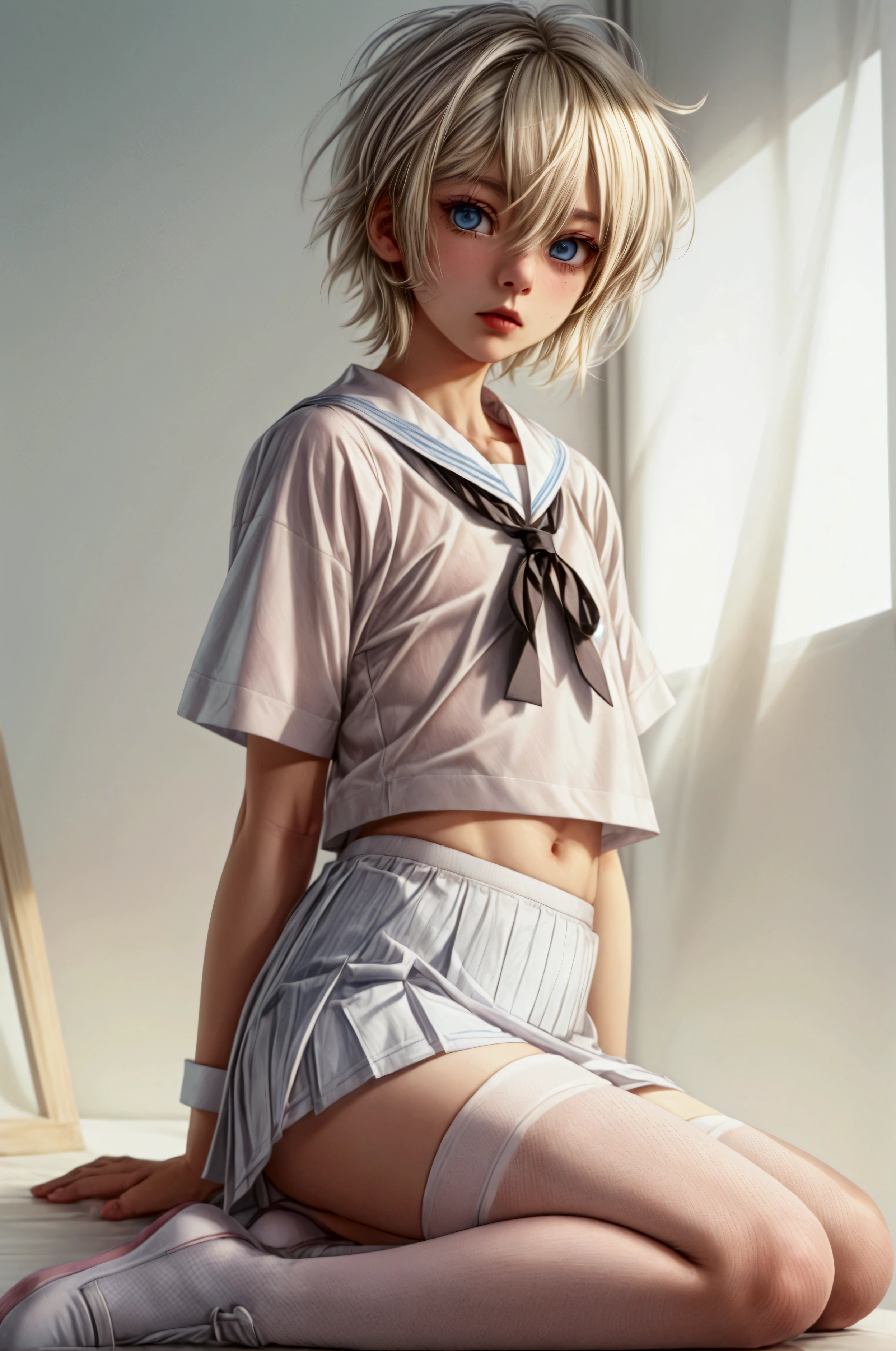 Anime style, Highres, Masterpiece, Best quality at best, Best Quality, hight quality, hight detailed, 1boy, (little boy), blonde boy, perfect boy body, cute boy, detailed light blue eyes, short hair, messy hair, pastel rainbow inner hair color mesh, Neutral Facial Features, wears white sailor suit, boy chest, pink tie, Pink sailor skirt, mini skirt, without breasts, beautiful long legs, white stockings over knee, perfect black school shoes, perfect boy body, classroom at school, highest quality,