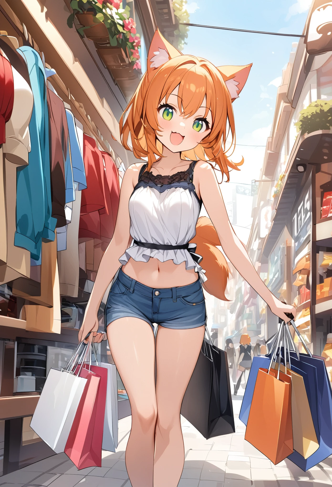 Young girl、Very cute、small、Firm breasts、Denim hot pants、Orange Hair、High quality backgrounds、、shopping、Cheerful attitude、Cat ears、Cat&#39;s tail