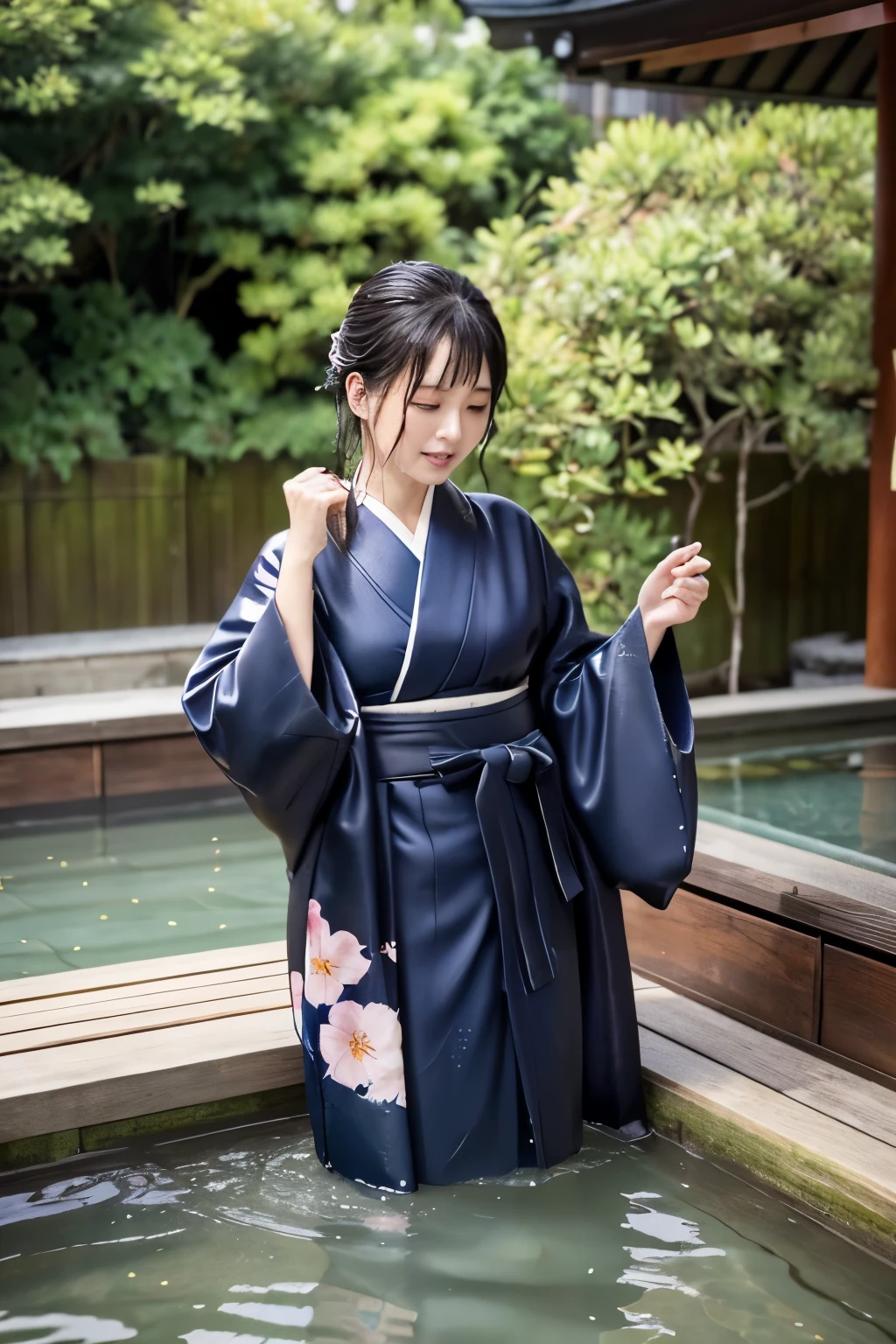 1 person、Real、Wet、wet woman、Hakama、Japanese、kimono、Women、、Long-sleeved kimono、long hakama、soaking wet、Hakama、whole body、tabi、Hakama with wet texture、Water play Bathing、Clothes that stick to the skin、floral kimono、Bathing clothed