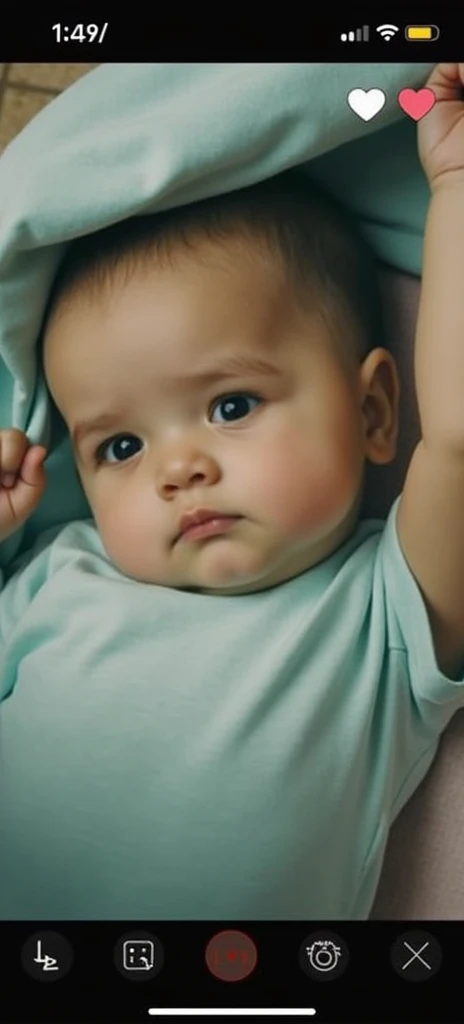 There is a baby lying on a bed with a white sheet, rosy cheeks, cute, real animation