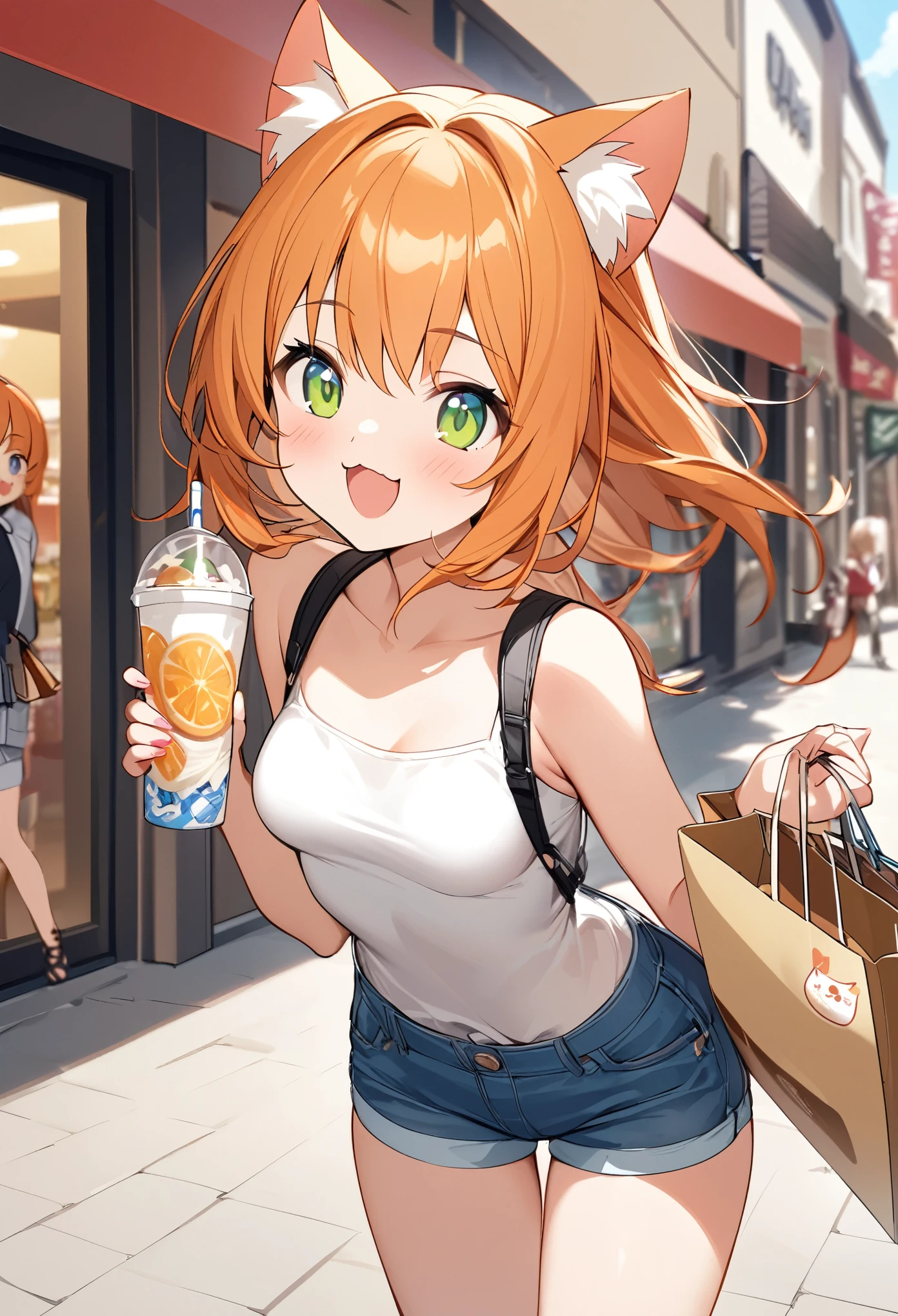 Young girl、Very cute、small、Firm breasts、Denim hot pants、Orange Hair、High quality backgrounds、、shopping、Cheerful attitude、Cat ears、Cat&#39;s tail