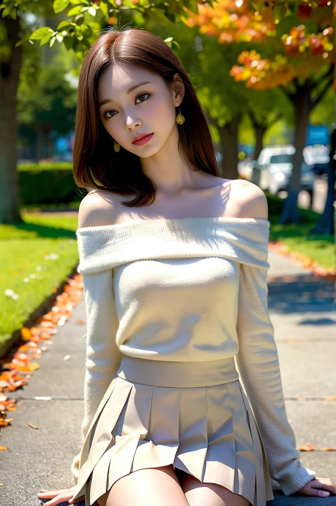 Model、Autumn Fashion、Best Quality, High fineness、RAW Photos、4k wallpaper、fine(Highest quality:1.4)、(Masterpiece:1.4)、(Real:1.4)、(Real:1.2)、(超High resolution、RAW Photos:1.4)、(High resolution、Super detailed:1.2)、(8k:1.2)、View your viewers、Cinematic Shooting、The skeleton is correct、Woman in her early 20s、(Beige off-shoulder knit top、Pure white pleated skirt)、