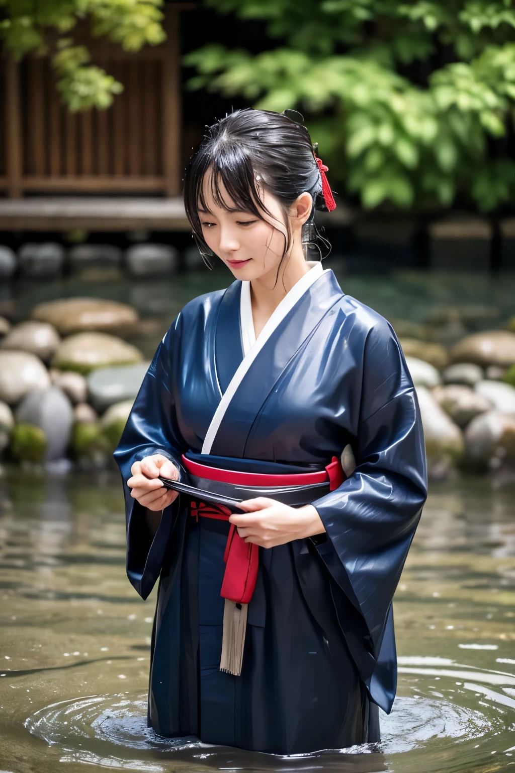 2 person、Real、Wet、Hakama、Japanese、kimono、Women、、Long-sleeved kimono、long hakama、soaking wet、Hakama、whole body、tabi、Hakama with wet texture、Water play Bathing、rain、river、Clothes that stick to the skin