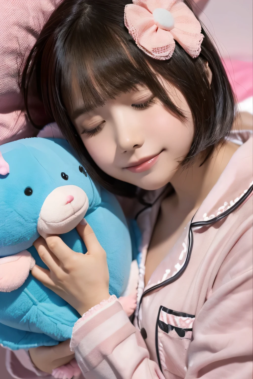 There was a age girl lying on the bed，Stuffed animal in hand, plushie photography, plushies, plushies, inspired by Hikari Shimoda, Ruan cute vtuber, commercial photo of toys, taken with canon eos 5 d mark iv, Gummies, taken with canon 5d mk4, plushies, shot with canon eoa 6 d mark ii