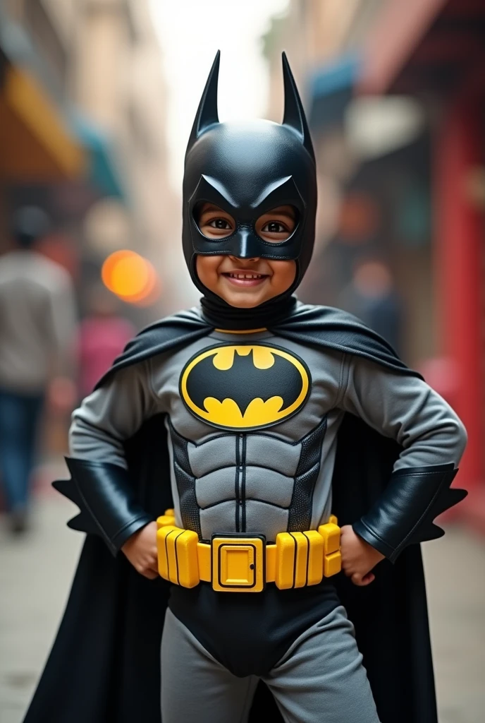 full body shot wide angled view, looking at the viewer, many little kids wearing batman costume, on the crowded street of Halloween, daylight, action pose, fully clothed costume,