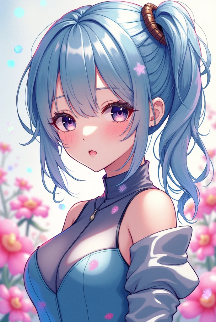 (masterpiece), (best quality), (very detailed),(disheveled hair),(illustration), (1 woman), (fashionable clothing), standing, fashion model, looking at viewer, (interview), (simple background),beautiful and delicate eyes, delicate and beautiful face, floating,(highly saturated),(colorful splashes),Colorful bubbles,(shining), focus on face, ponytail, kamisato ayaka, light blue hair, forehead, Hair ring, floating flower, floating hair, (shining), best lighting, best shadow,