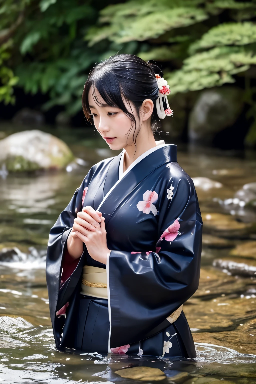 1 person、Real、Wet、Hakama、Japanese、kimono、Women、、Long-sleeved kimono、long hakama、soaking wet、Hakama、whole body、tabi、Hakama with wet texture、Water play Bathing、rain、river、Clothes that stick to the skin、floral kimono