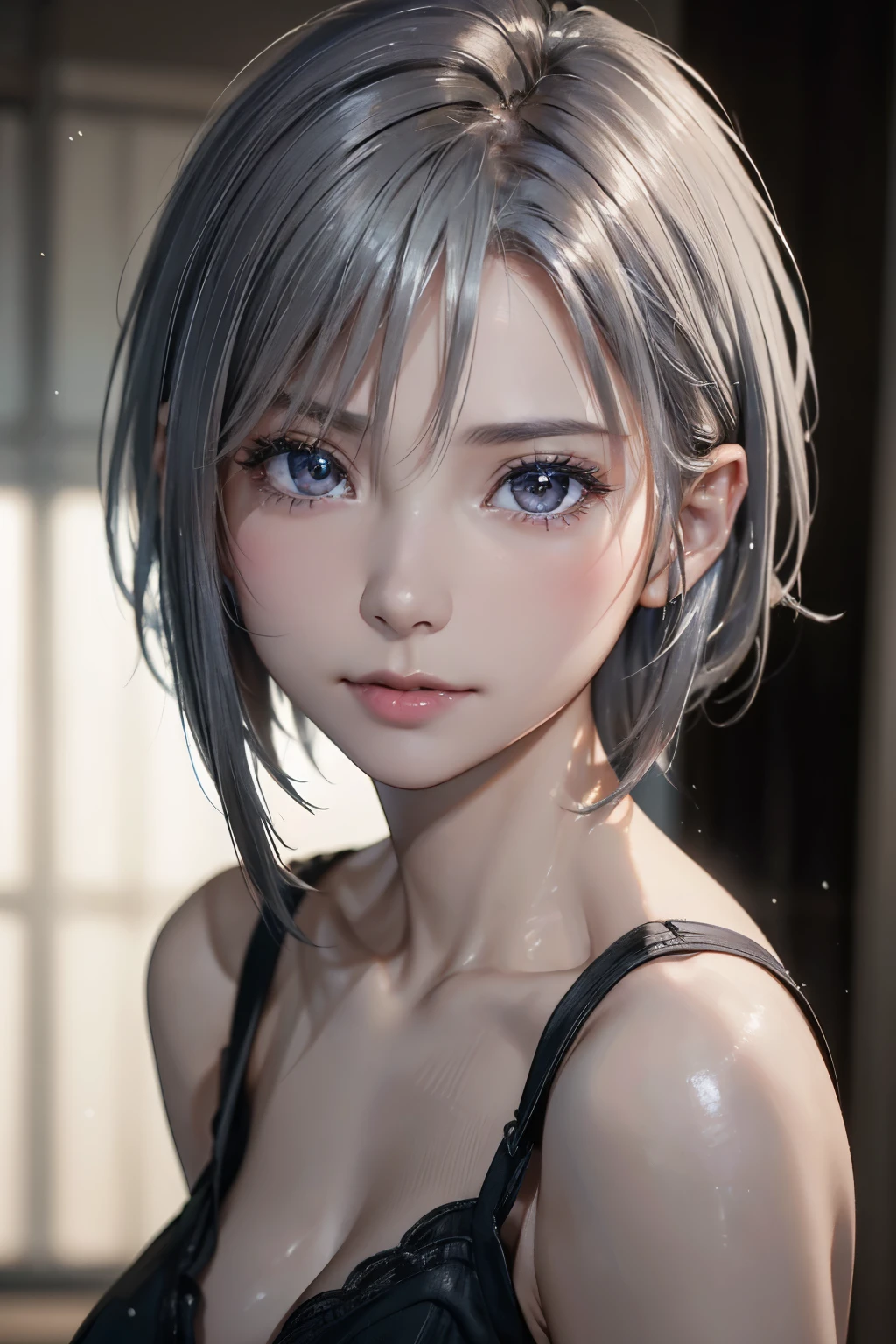 (8k, Realistic, RAW Photos, best quality:1.3), (1girl), very beautiful, (realistic face), (boyish, Silver very short hair), beautiful, A gaze that captivates the viewer, beautiful expression, beautiful breasts, (realistic skin), beautiful, 