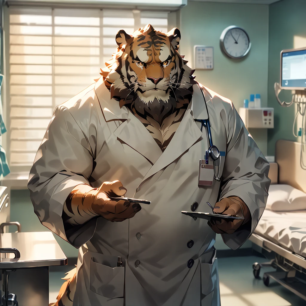 A human doctor (((((transforming))))) into an (anthro muscle jaguar) in a medical laboratory. (Torso of a jaguar), (((human legs))), ((human feet)), (shocked expression), (ripped clothing), lab coat, broad shoulders, big biceps, big pecs, big thighs, male focus, detailed jaguar face, detailed eyes, high quality, best quality, concept art, photorealistic, octane render, unreal engine, sharp focus <lora:nj5furry:0.8>