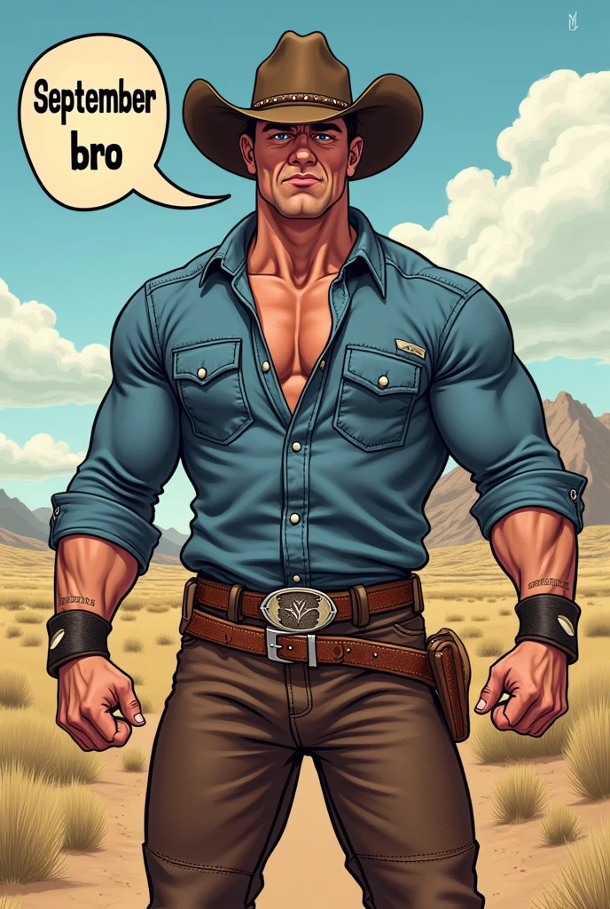 A cowboy, A man, Lonely man, Tremendously huge and mega beefy cowboy Beefcake, Red hair, green eyes, huge thick thighs, colossal meaty butt, blue jeans, erect penis, big penis, body hair, hairy chest, straw cowboy hat, huge muscular chest, protruding pectorals, unrealistically oversized pecs, leaning on a short fence.