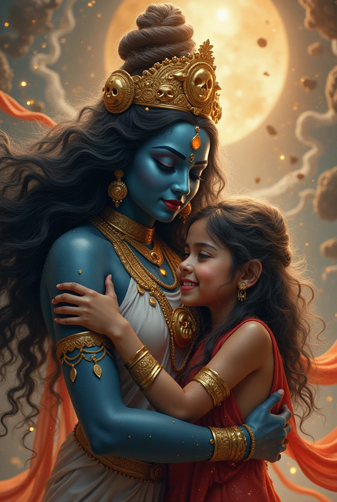 Create a picture about a beautiful girl called Saranya who is taking a bath in a facade while playing with Lord Krishna,by spaslhing waters during the night. The sky is filled with gold stars