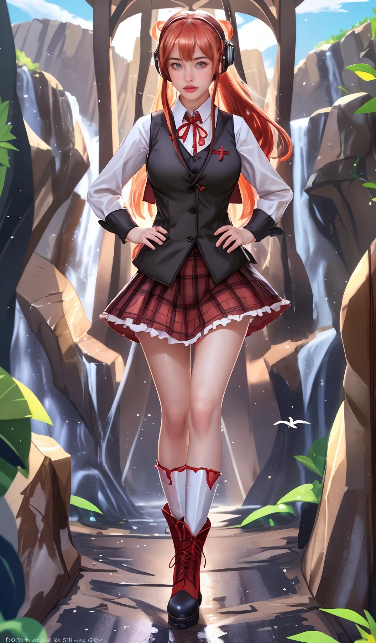 Obra maestra, mejor calidad, 1 chica, asukalangley, Uniforme de escuela secundaria Tokio-3, Red ribbon, , calcetines negros, mirando al espectador, sonrisa ligera, parque de la ciudad, parte superior del cuerpo,