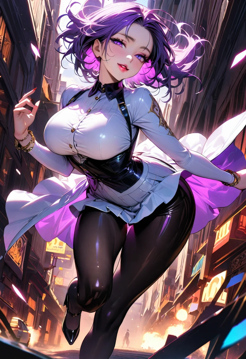 Young beautiful woman,(Best Quality,Extremely detailed depiction,Incredibly absurd high definition,Anatomically accurate,Curvy Legs,Detailed pupil,Shiny skin,Porcelain-like skin),(Light-colored modern clothing,skirt,Bracelet,Expensive jewelry,pantyhose),eyelash,(Purple Eyes,Half-closed eyes:1.5,Crazy Eyes,Large Breasts,A seductive smile,Glossy lips,Flashy makeup,Seductive gestures),whole body:1.3,background:Around town