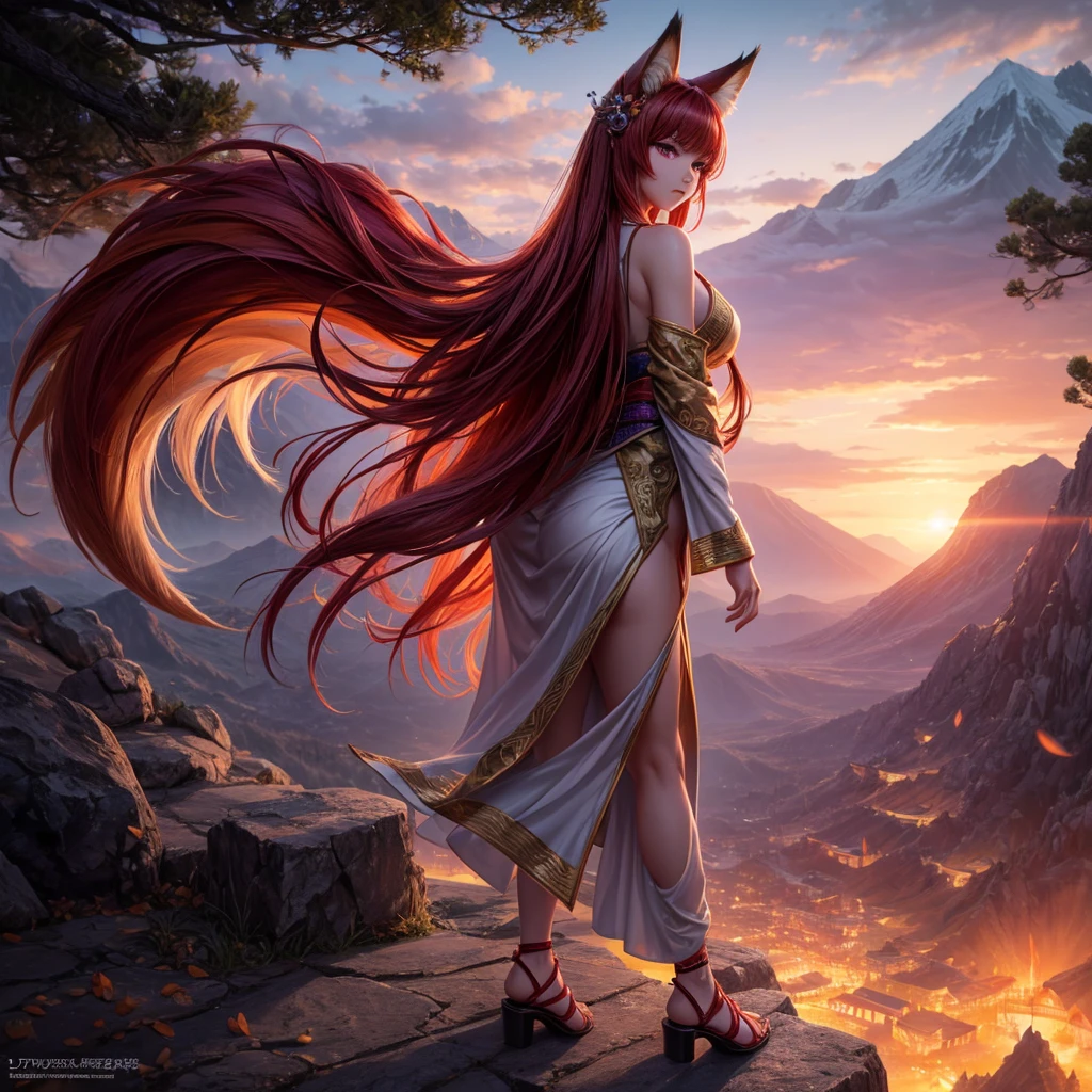 high details, best quality, 8k, [ultra detailed], masterpiece, best quality, (extremely detailed), full body, ultra wide shot, photorealistic, fantasy_world, fantasy art, dnd art, rpg art, realistic art, (((anatomically correct))), (The Fox Goddess, human woman body, fox ears, fox tail,, purple eyes, redhair), Beautiful Clouds, Fox Tail, Kimono, red hair, Japanese sandals), Mountain ledge background ,( bokeh), The atmosphere is filled with a sense of power and majesty. The colors in the scene are vibrant and saturated, with a touch of mystical hues, enhancing the magical ambiance. The lighting is soft and gentle, with a warm golden glow, creating a dreamlike and otherworldly atmosphere. The image quality is of the highest standard, with ultra-detailed rendering capturing every intricate detail of the kitsune's human features as well as her fox ears and fox tail and the surrounding environment. The kitsune is a creature of air and light and embodies these elements, her hair float on the wind filled with inner light, The overall style of the image is fantasy art, with a blend of realism and a touch of surrealism, capturing the essence of the mystical and enchanting world of kitsune