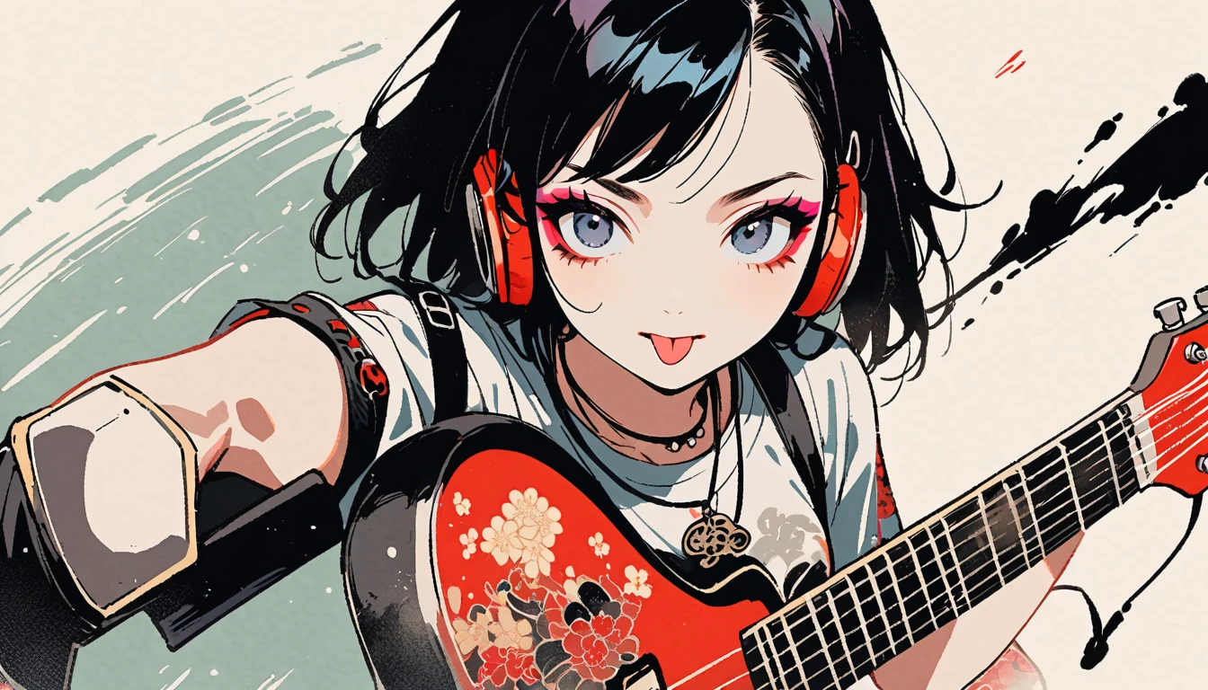 Fashion portrait color photos, (((Ink Painting))), (((1 girl))), (((Heart tattoo on face))), (((Gorgeous hair accessories))), Japanese style headphones, (((guitar bass))), Japanese Beauty, Black Hair, smile
