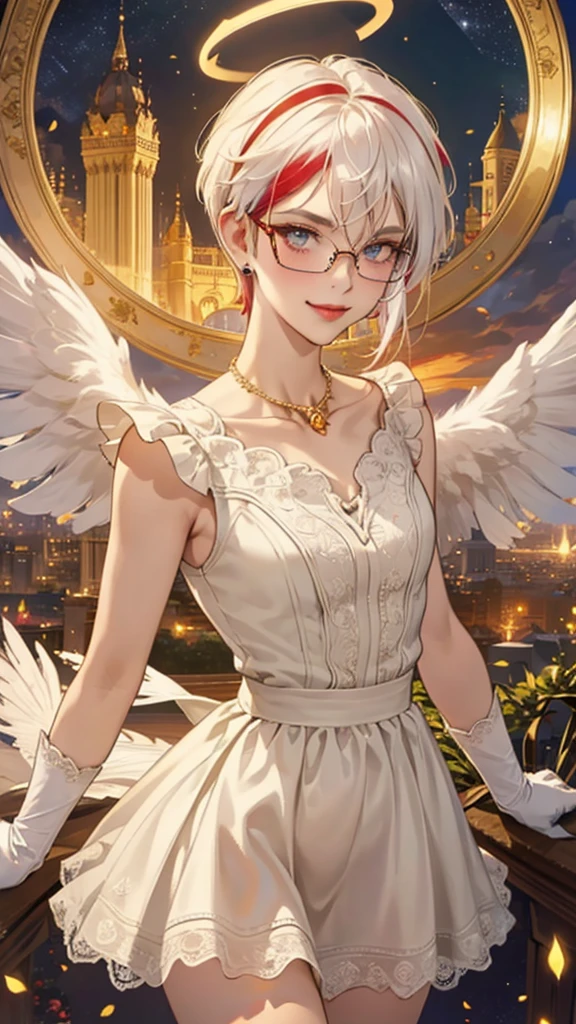 8k, masterpiece, best quality, highly detailed, 1 girl, tiefling, paladin, devil horns, pixie cut, multicolored hair, very short straight hair red highlight hair on white hair, strippled hair, wearing glasses, round glasses, earrings, red eyeshadow, long eyelashes, blushed cheek, red lips, pearl necklace, rings, collarbone, mole on face, glamorous, white and gold clothes, sleeveless, laced dress, miniskirt, smirk, close up view, rings, looking at viewer, solo, holding flail, starry sky, radiant gold moon, standing, golden halo, white lace gloves, heavenly scene, halo, holy palace in background.