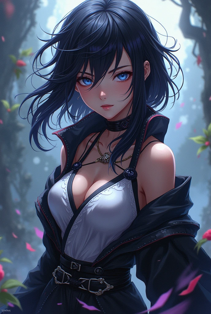 (masterpiece,highest quality,Super detailed),1 girl, Black and navy blue hair,Beautiful and dense face, fine eyes,looking at the viewer, multicolored eyes,((gray theme),pale skin,courtesan costume, shining eyes,((night)),dark environment, (((fresco,fresh picture))),in the forest,fog