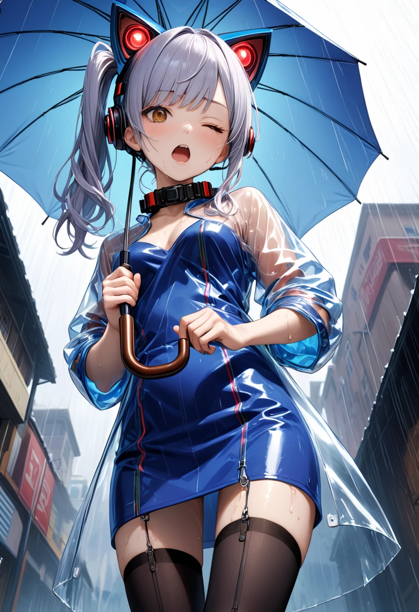 (best quality, masterpiece:1.2), 8k, very aesthetic, absurdres, high resolution, detailed face, official art, super fine illustration, brown eyes, swept bangs, side ponytail, long hair, silver hair, robot cat ears, headphone, food, (oversized Transparent open raincoat:1.15), Sleeves that cover the wrists, (red minidress, pencil dress, silk dress:1.16), medium breasts, (cleavage:0.9), black thigh-highs, [boots], collar, textured skin, BREAK Cyberpunk, (umbrella, hand holding umbrella:1.18), one eye closed, open mouth, head tilt, bent over, sigh, sweaty, rain, (from below), cowboy shot, [zettai ryouiki], 