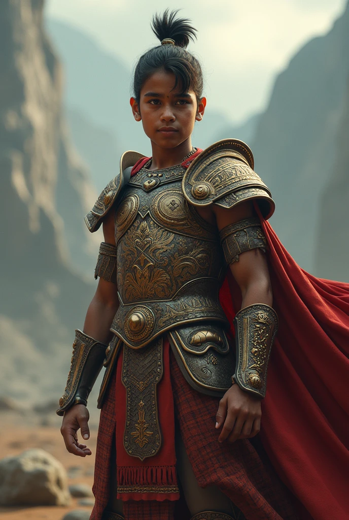 a Character of 12 year of boy- Mahabharata Arjuna,wearing his golden armor Kavach-kundal,hurly short hair,and holding a glowing astras, ready for battle, riding on the chariot, photo realistic , detailed
