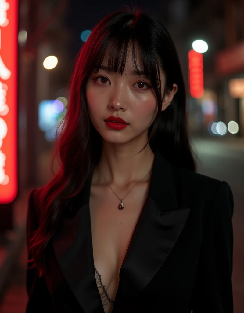1girl, Tokyo Street, Night, Cityscape, City Lights, Upper Body, Close Up, 8k, RAW Photo, Best Quality, Masterpiece, Realism, Realism, Red Rose Headdress, Split Bangs, Short Hair, Big Waves, Black Hair Color, (((Realistic)), ((detailed)), Illustration, Perspective of the scene, Wearing a smooth coat, Gold necklace, Ring smoking cigar on a rainy night imposing), Background elements (wet streets reflecting city lights, neon signs and buildings in the background).