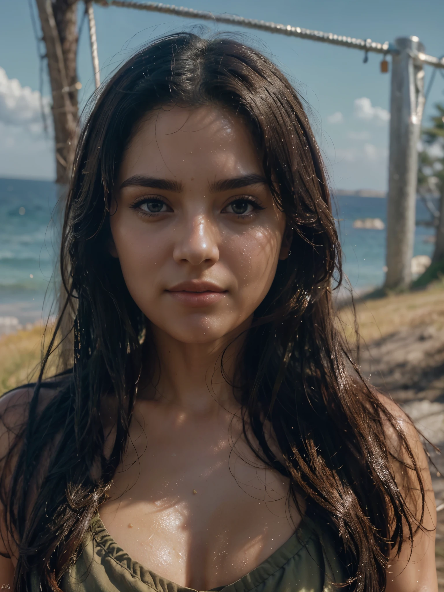 Fahriye Evcen's naked, naked coming out of the sea, smiling, the waves of the sea touching her feet, big full lips, wide lips, black eyelashes, thin chin, high cheekbones, drooping eyelids, thin face, big red botoxed lips, drooping eyelids, languid eyes