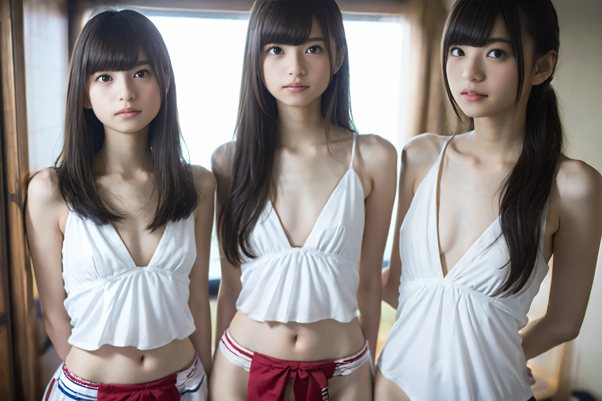 two skinny teenage girls with small breasts kissing, one a blonde Russian in a very short red dress, and the other a brunette Thai girl in a short green blouse and a very short black mini skirt, both in a position showing a little of their white panties