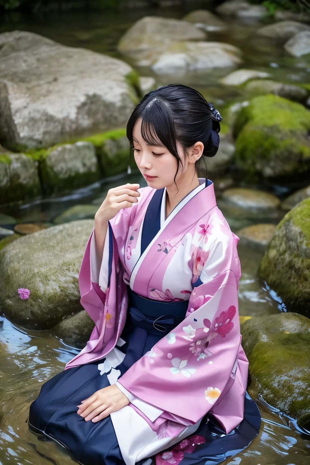 1 person、Real、Hakama、Japanese、kimono、Women、Long-sleeved kimono、long hakama、Clothes that stick to the skin、wet textured clothes、wet clothes 、floral kimono、soaking wet、in the water、underwater in the river、The whole body is immersed、wet clothes color、lie down