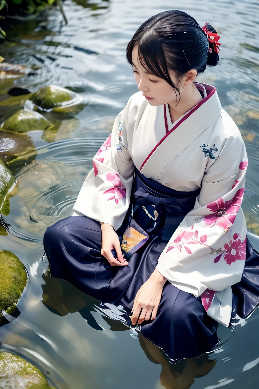 1 person、Real、Hakama、Japanese、kimono、Women、Long-sleeved kimono、long hakama、Clothes that stick to the skin、wet textured clothes、wet clothes 、floral kimono、soaking wet、in the water、underwater in the river、The whole body is immersed、wet clothes color、lie down