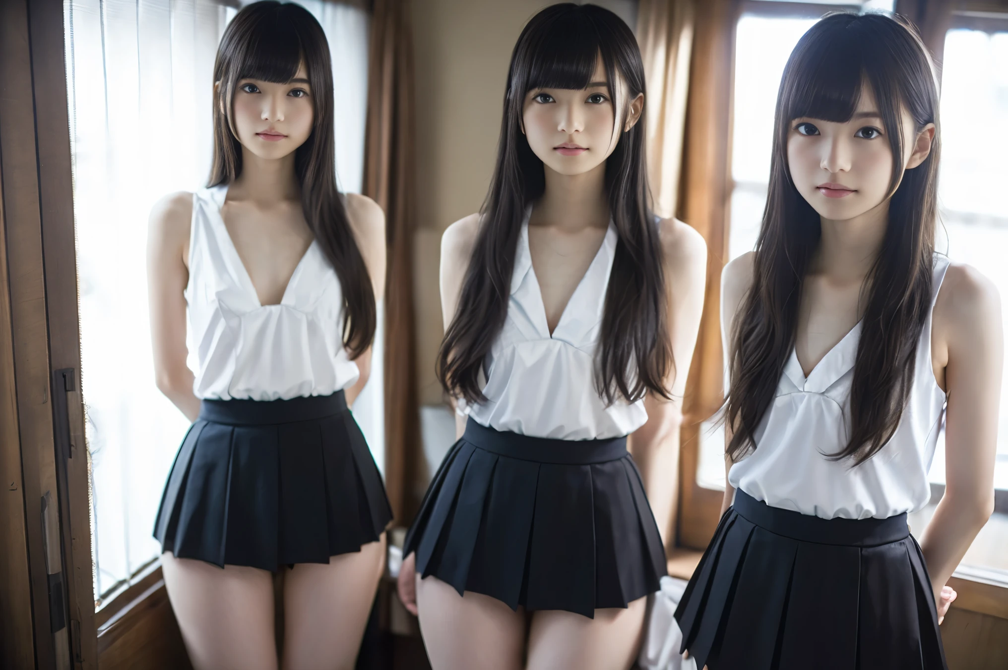 ((Full body photo)),full shot,5 very young fair-skinned slender Japanese beautiful girls,showing white tennis knickers,white see-through dress and white scanty,very short white pleated miniskirt,high heels,standing on tiptoe,Hands behind your back,embarrassed look,mouth open,looking at another,from quite below,best quality,ultra-detailed,high resolution,baby face,beautiful white skin,Photographed from a distance,flooring room