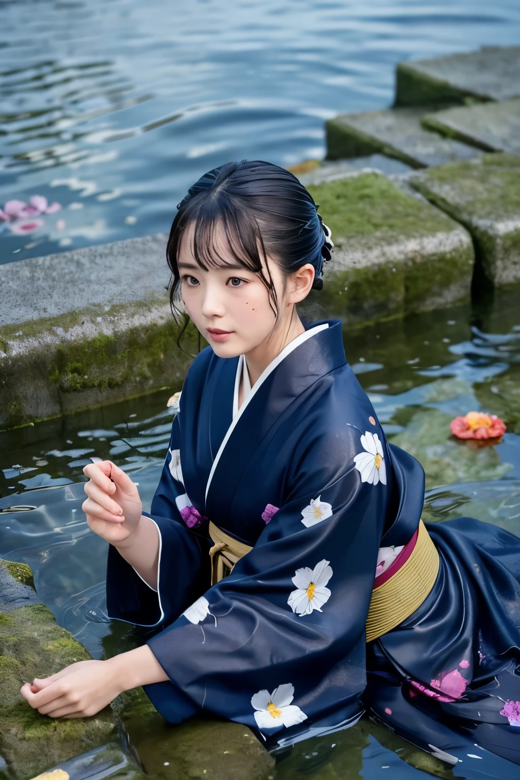 1 person、Real、Hakama、Japanese、kimono、Women、Long-sleeved kimono、long hakama、Clothes that stick to the skin、wet textured clothes、wet clothes 、floral kimono、soaking wet、in the water、underwater in the river、The whole body is immersed、wet clothes color、lie down