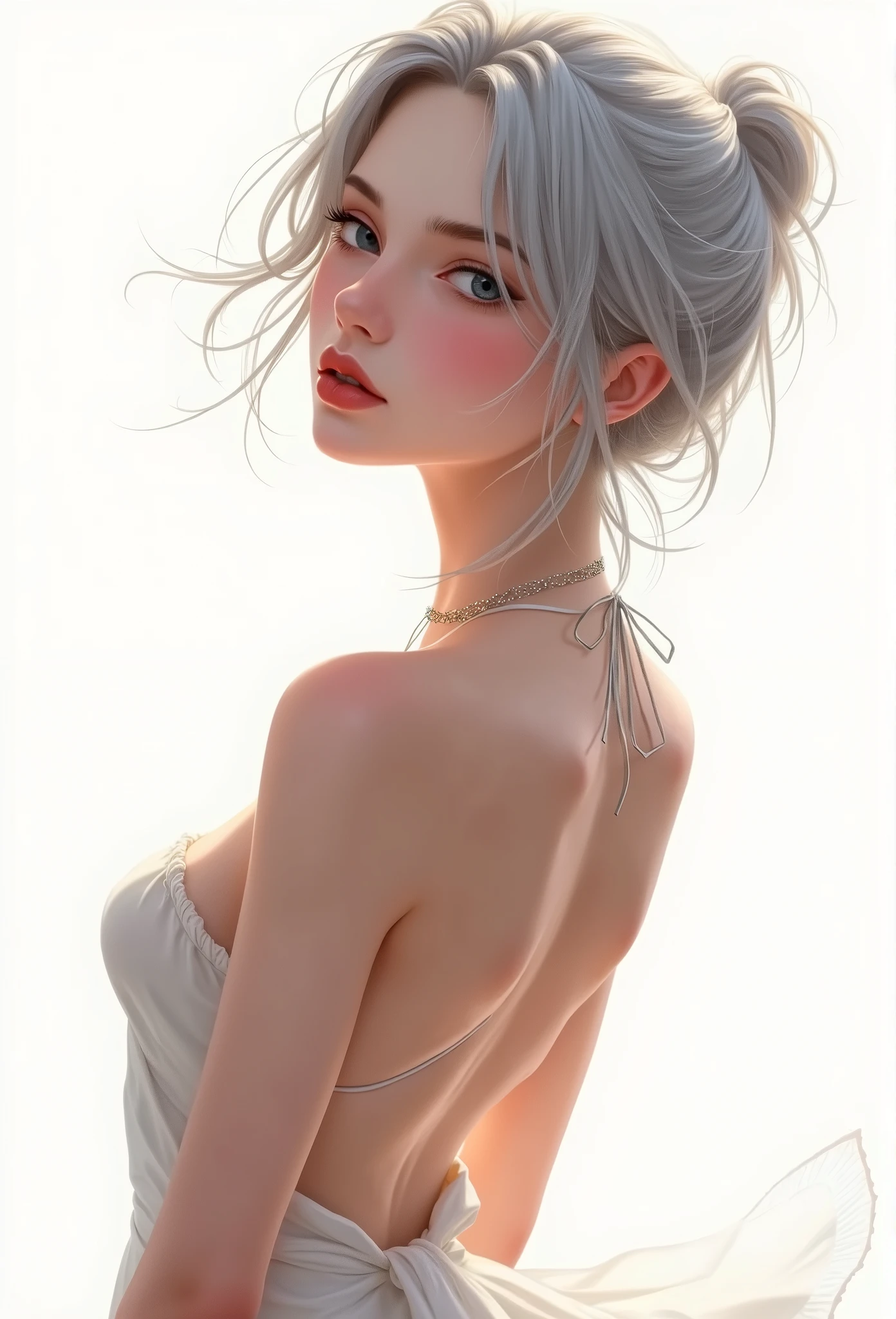 (((Masterpiece))), (((official portrait))), white hair, diffused light, dynamic shadows, sharp focus, realistic, detailed, highres, absurdres, white background, no bra, photorealistic, lifelike, steamy, sweaty, blushing, sleeveless, youthful appearance, moaning, lip gloss, armpit, head tilt, head facing viewer, (((looking at viewer))), (((bare skin))), ((slim)), ((sweet looking)), ((medium chest)), submissive