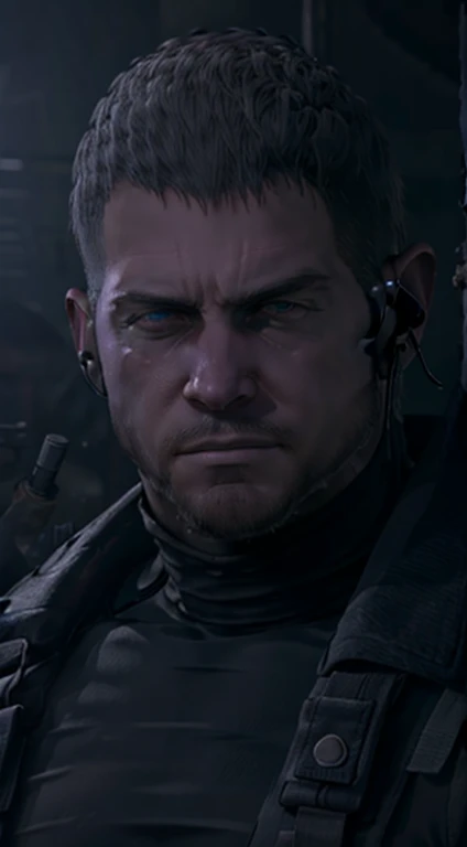 Dark gothic village in the background, old Chris Redfield from Resident Evil 8, 4, muscular male, tall and hunk, black cold turtleneck, straps, earpiece, beard, handsome face, deadpan, video games style, high resolution:1.2, best quality, masterpiece, dark nightime, dark atmosphere, volumetric lighting, shadow, portrait, face close up, looking at viewer