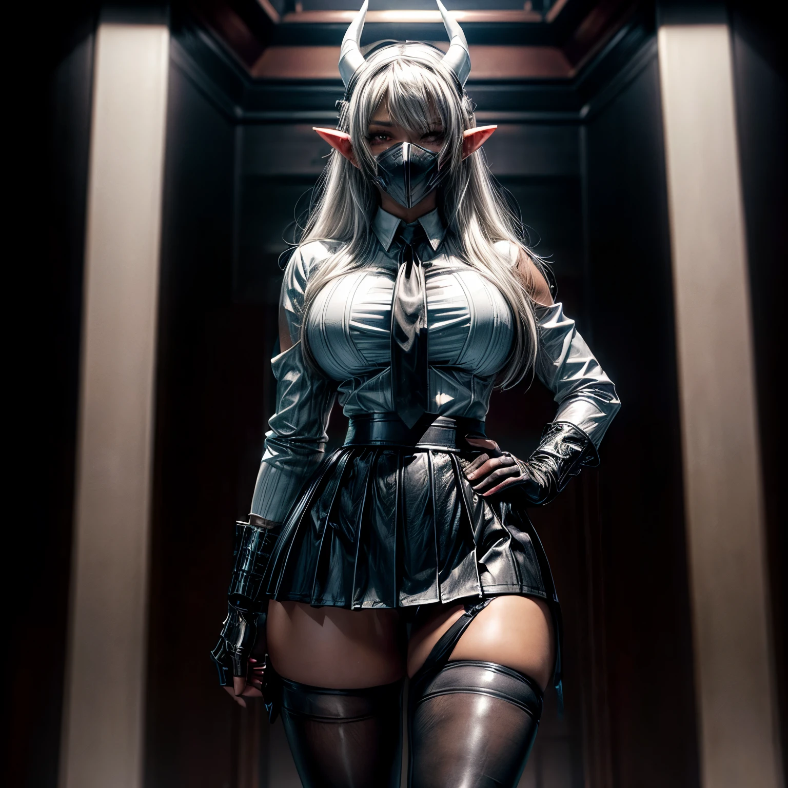 Beautiful 2 white-haired black girl, big ass, sexy_tits, elf ears, horns, dark skin,((long black leather pleated skirt, black leather long-sleeve, white formal shirt buttoned up with neck tie)), (translucent nylon stockings), ((muscular physique)), ((strong muscular legs, beautiful large white eyes, lighting, standing pose in a mma octagon, th1t, thigh high stockings, cyber punk mask