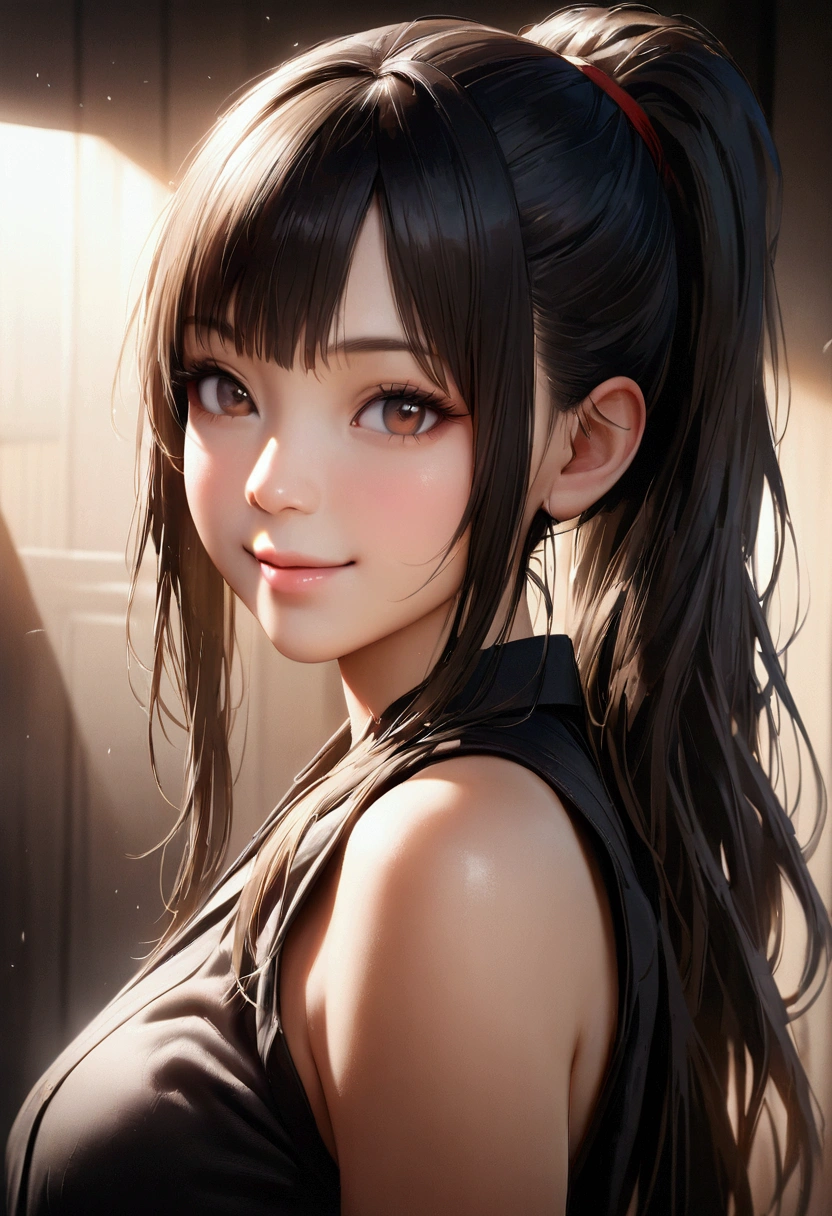 Extreme close-up,1girl in,(Ultra detailed skin),Curve,Petite,Beautiful breasts,(Large breasts),pale skin,pointed breast,Erect nipples,(Fantasy Art,Highest image quality,Hyperrealist portrait,(8K),Ultra-realistic,Best Quality, High quality, High Definition, High quality texture,high detailing,Beautiful detailed,fine detailed,extremely details CG,Detailed texture,realistic representation of face,masutepiece,presence,Dynamic,Bold),Ponytail,(super thin hair),(ultra soft hair),(ultra straight hair:1.5),Swept long bangs,Extra bright coppery amber hair,Hair over one eye,Clothed,Baggy T-shirt,see-through sailor swimsuit