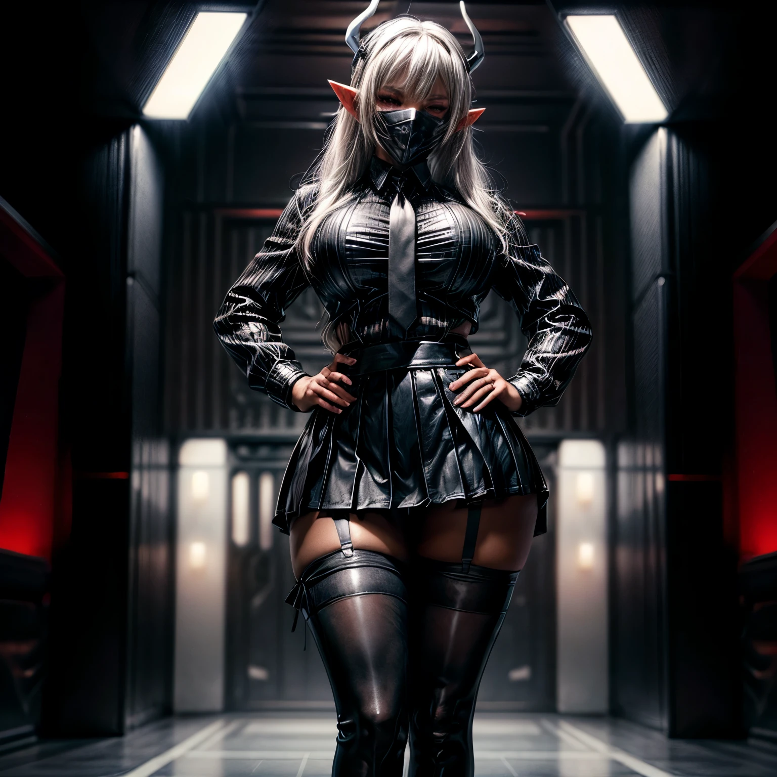 Beautiful 2 white-haired black girl, big ass, sexy_tits, elf ears, horns, dark skin,((long black leather pleated skirt, black leather long-sleeve, white formal shirt buttoned up with neck tie)), (translucent nylon stockings), ((muscular physique)), ((strong muscular legs, beautiful large white eyes, lighting, standing pose in a mma octagon, th1t, thigh high stockings, cyber punk mask