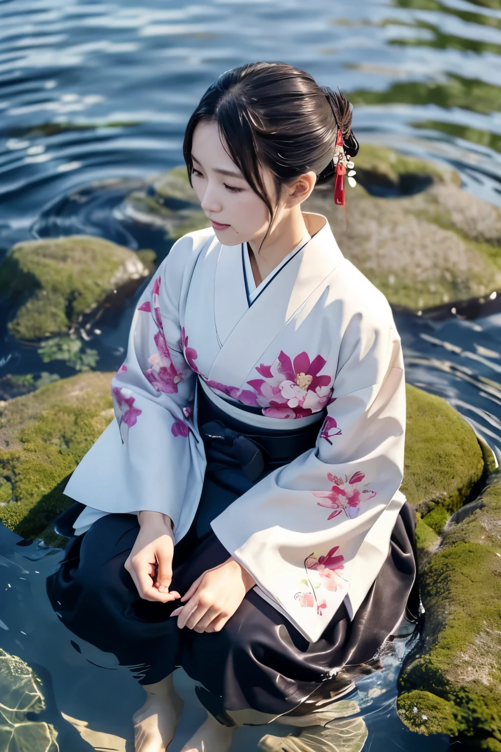 1 person、Real、Hakama、Japanese、kimono、Women、Long-sleeved kimono、long hakama、Clothes that stick to the skin、wet clothes 、floral kimono、soaking wet、in the water、swimming figure、underwater in the river