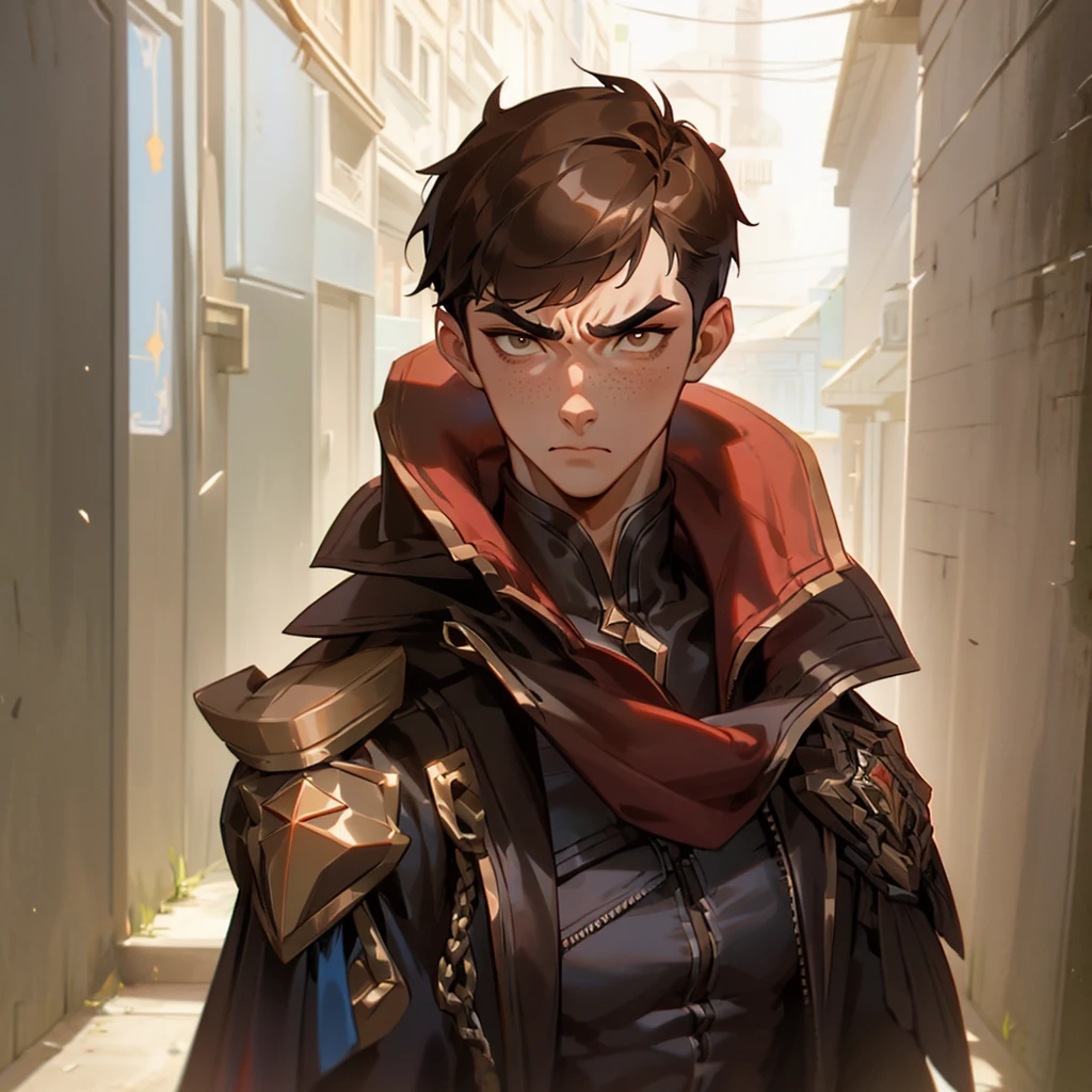 arcane style, (1 man), handsome, cropped hooded jacket, dark red jacket with black details, asymmetrical bangs, band-aid, short hair (shaved on one side), bangs freckles, light brown eyes, muscular man, looking at viewer, brown hair, detailed background, school, alley, dark alley, night, angry, close-up, mouth closed, , ((masterpiece)), masculine face,