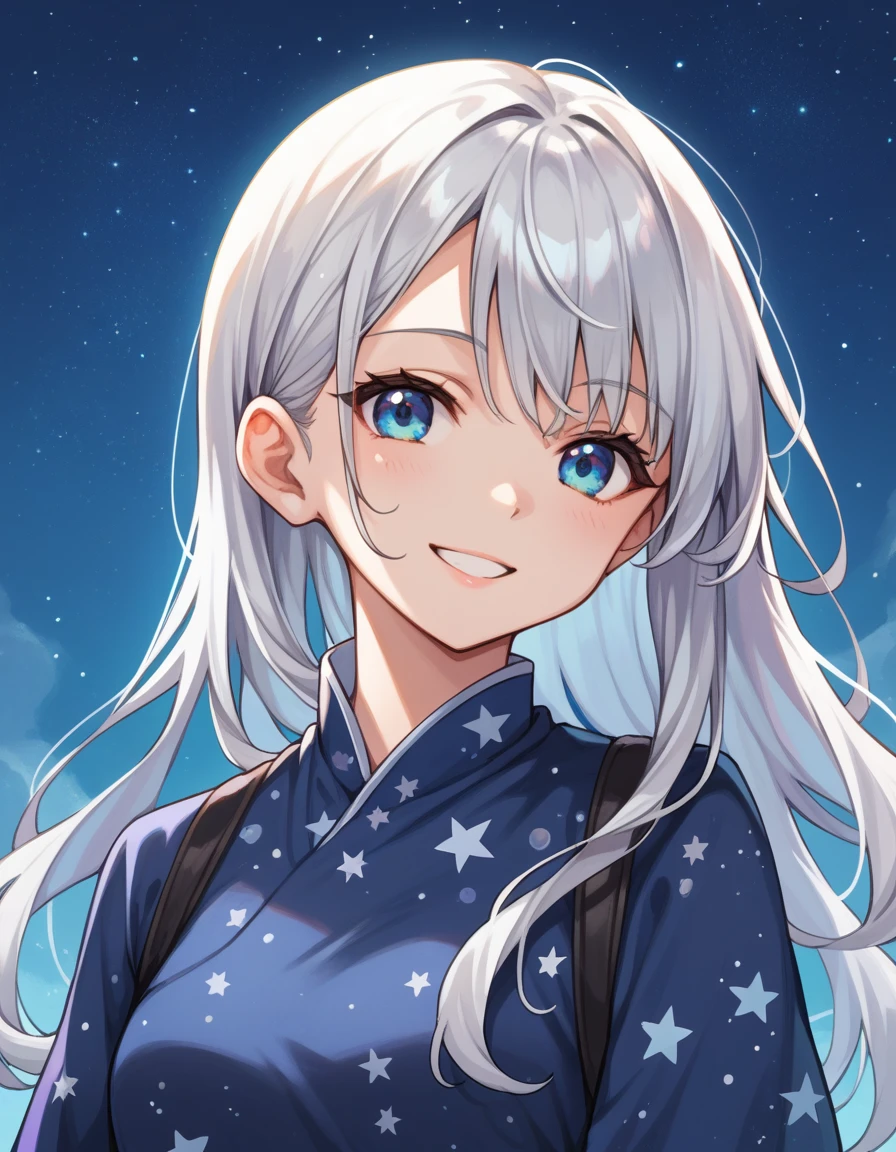 score_9, score_8_up, score_7_up, 1girl, long silver hair, upper body, blue eyes, arms at side, outdoors, starry night, long grey star print dress, smile,