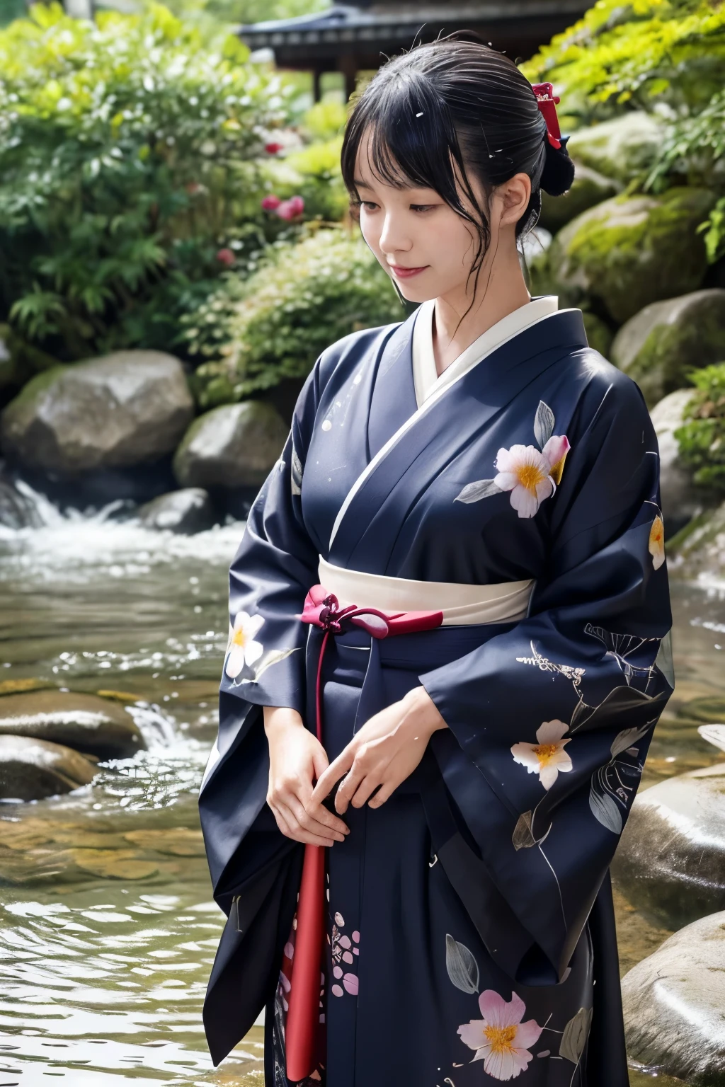 1 person、Real、Wet、Hakama、Japanese、kimono、Women、、Long-sleeved kimono、long hakama、soaking wet、Hakama、whole body、tabi、Hakama with wet texture、Water play Bathing、rain、river、Clothes that stick to the skin、floral kimono、cloth that absorbs water、sit