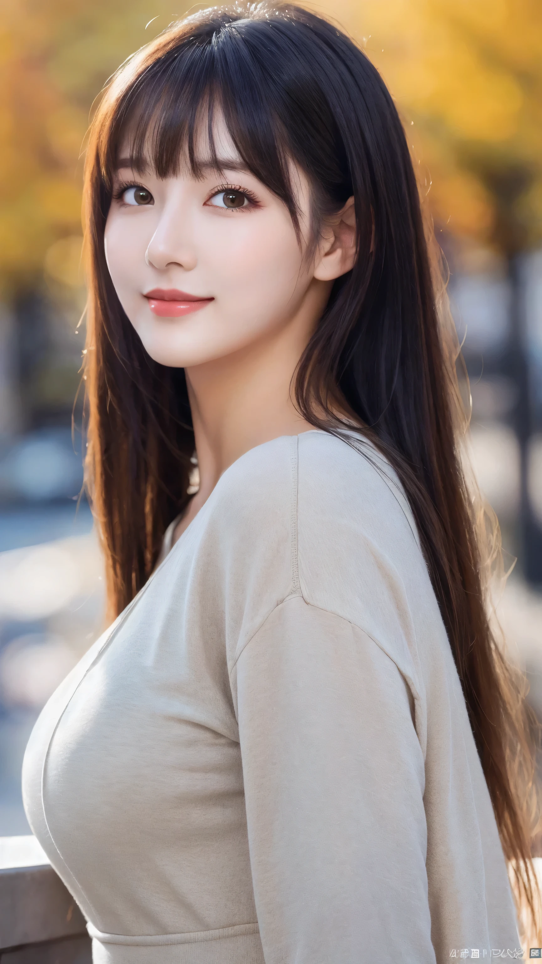 (8k, RAW Photo, Best Quality, Masterpiece:1.2), table top, Ultra Detail, Super Resolution, (Realistic, Realistic Photo:1.37), Portrait, High Detail RAW Color Photo, Professional Photo, Extremely Detailed and Beautiful, Extremely detailed, 8k wallpaper, amazing and detailed, huge file size, official art, highly detailed CG unity 8k wallpaper, highly detailed beautiful girl, highly detailed face, highly detailed eyes, highly detailed skin, highly detailed fingers, highly detailed nose, very detailed detailed mouth , perfect anatomy, highly detailed background, highly detailed clothes, (1 girl),(1 girl), cute girl, realistic body, fair skin, glowing skin , slim body, handsome body, black hair , semilong hair, (blunt bangs:1.2), smile, cute, youthful, cute face, realistic face, delicate eyes, drooping eyes, looking at viewer, facing front, standing posture, Contraposto, (large breasts), (Perfect Body Proportions), (slender Body Proportions), super sexy pose, (early fall fashion),